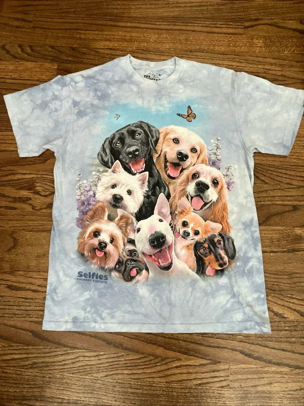 The Mountain Light Blue Tie-Dye Selfies Dogs Graphic Tee - Picture 1 of 4